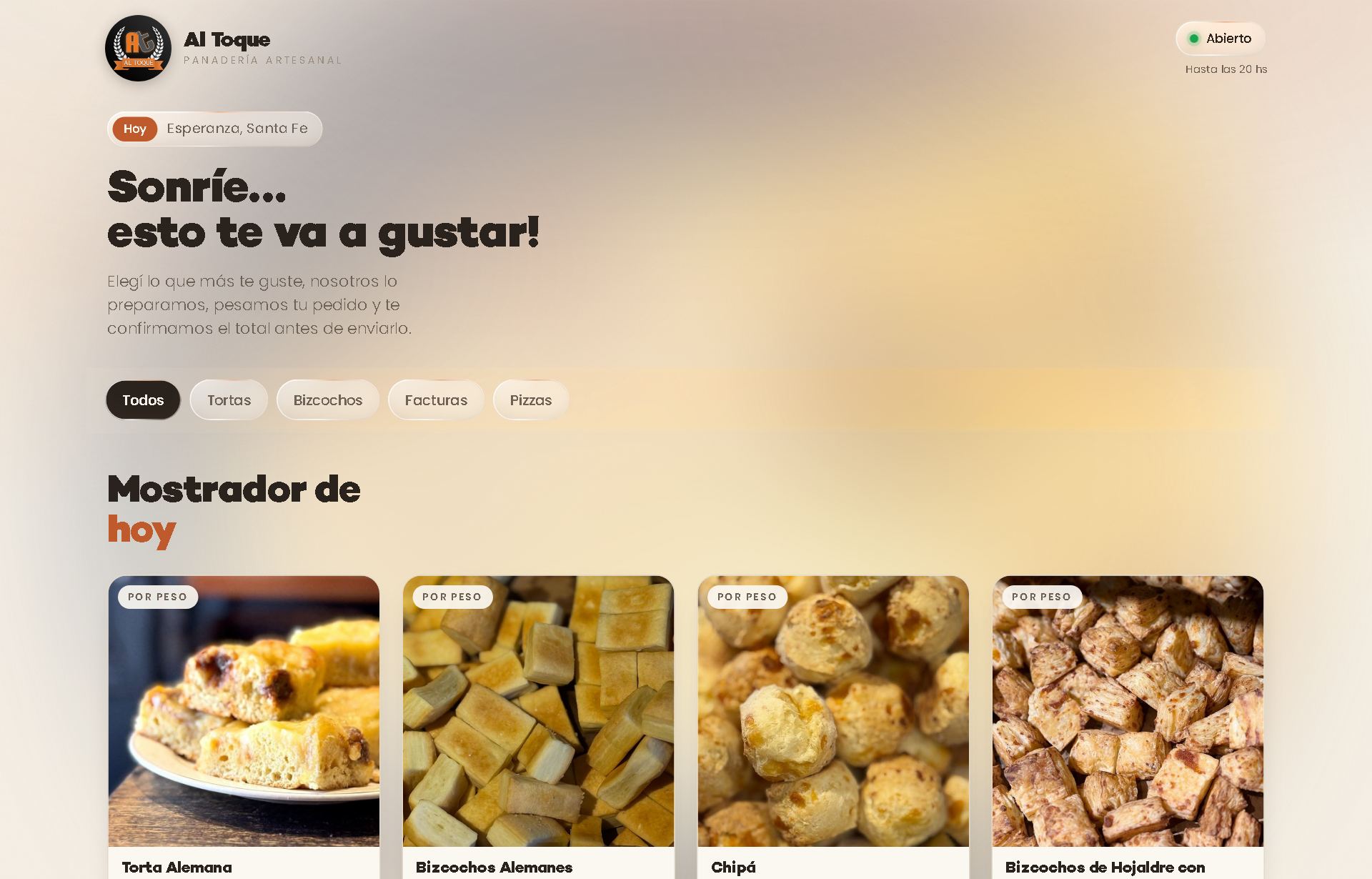 La tienda online de la panadería Al Toque: el mostrador del día con los productos para pedir