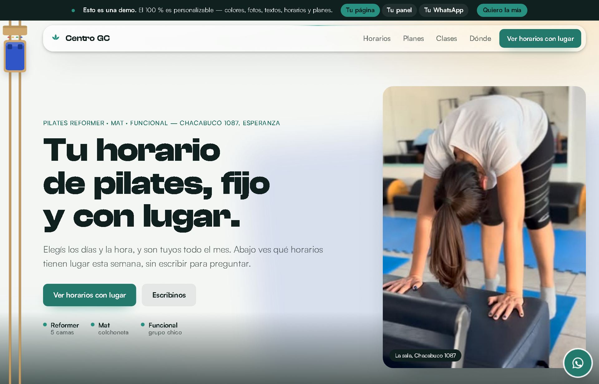 Demo de un centro de pilates: horarios con lugar, panel para la dueña y WhatsApp