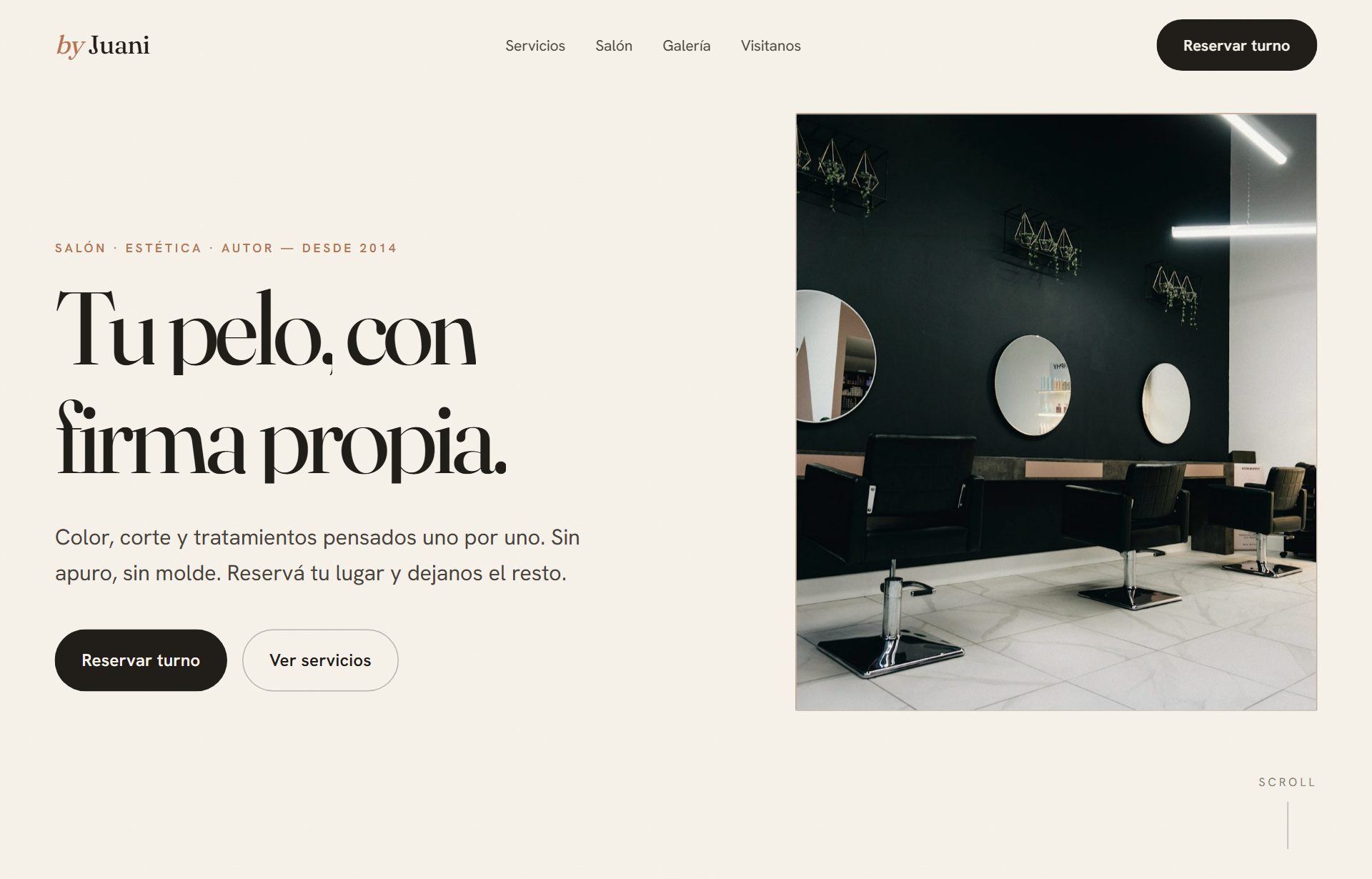 Demo de Chango Barrera by Juani — salón de autor en crema y cobre