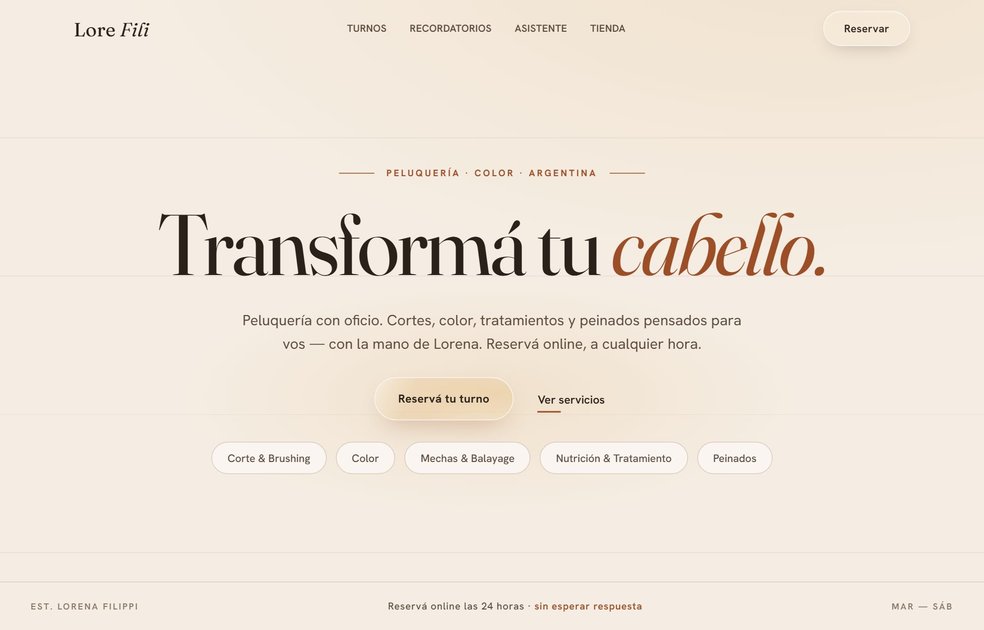Demo de Lore Fili Peluquería — hero en crema y caramelo
