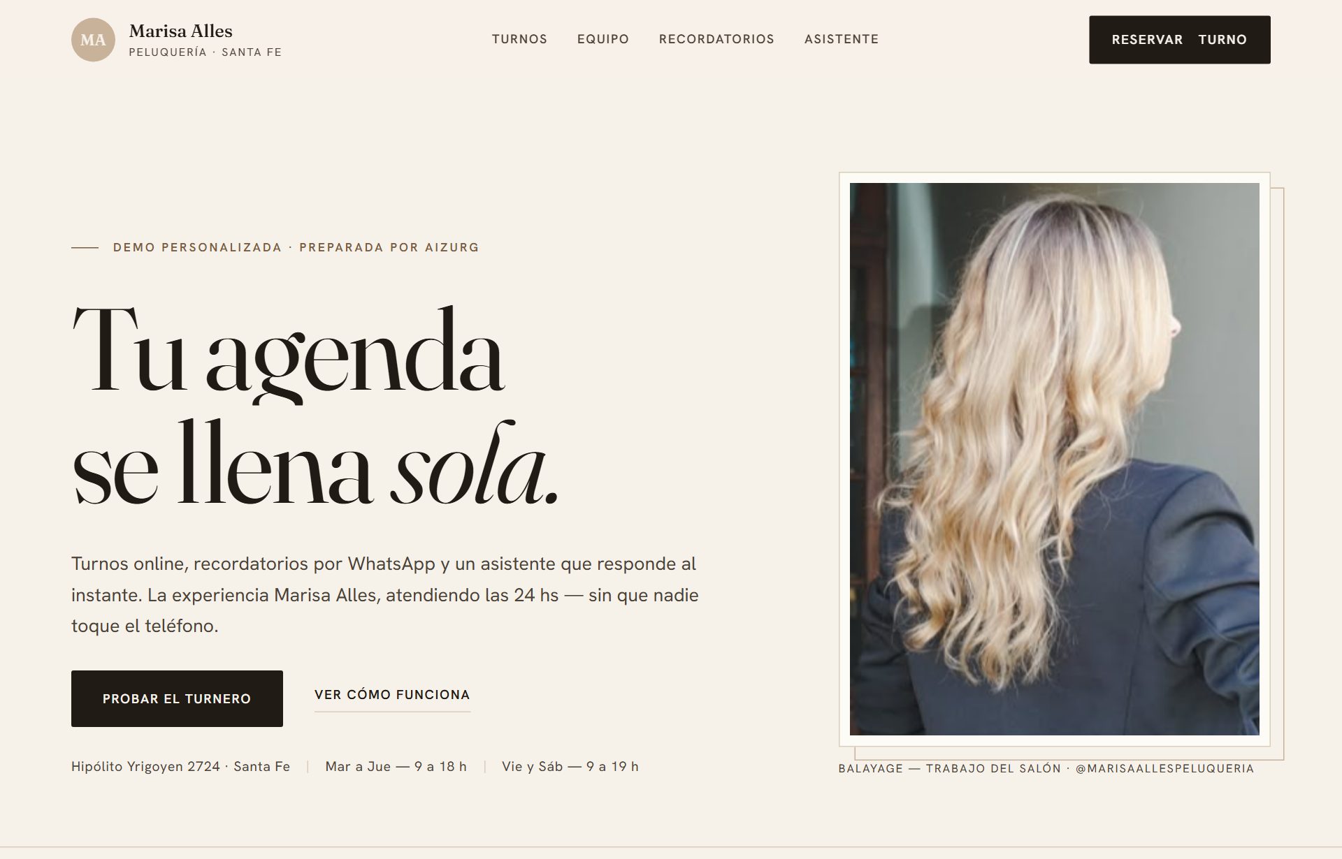 Demo de Marisa Alles Peluquería — editorial crema y tinta
