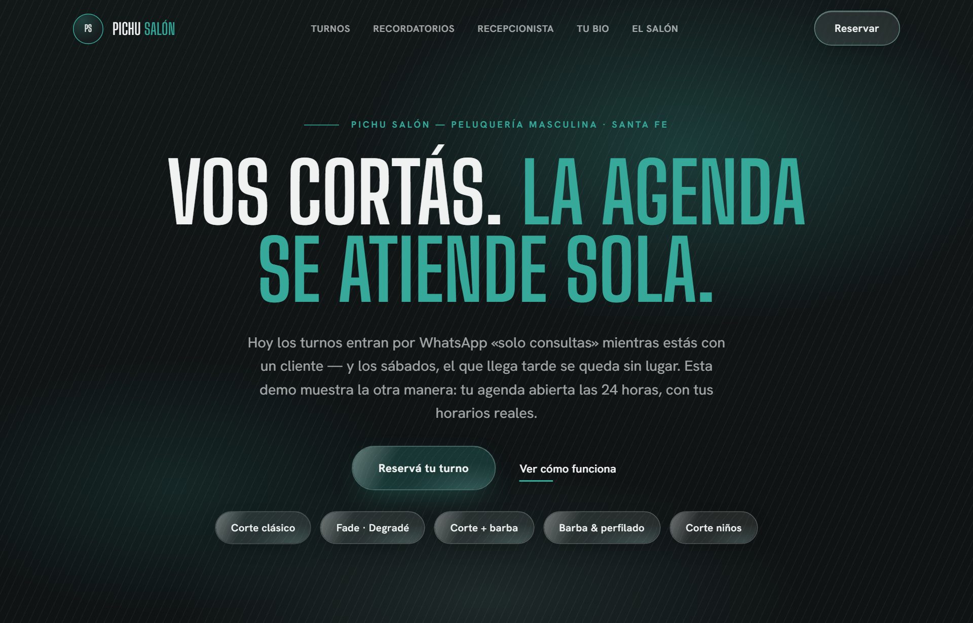 Demo de Pichu Salón — barbería en carbón y teal